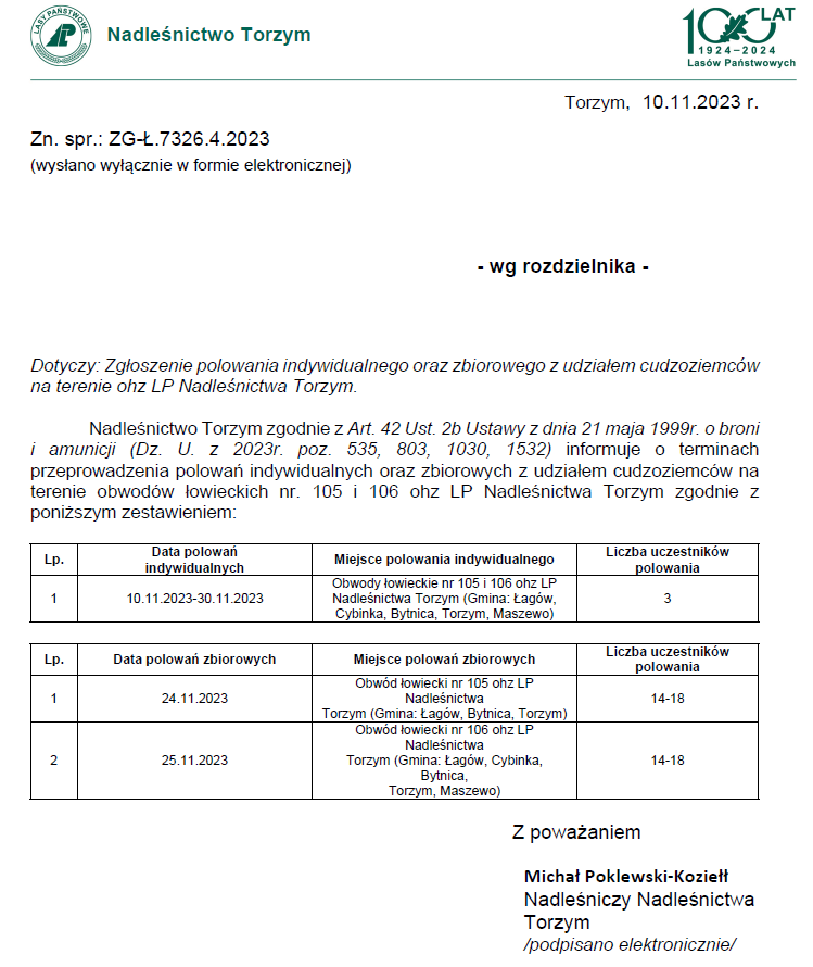 Zgłoszenie polowania indywidualnego oraz zbiorowego z udziałem cudzoziemców na terenie ohz LP Nadleśnictwa Torzym