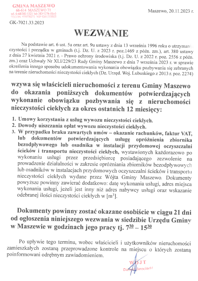 Komunikat - kontrola wywozu nieczystości ciekłych
