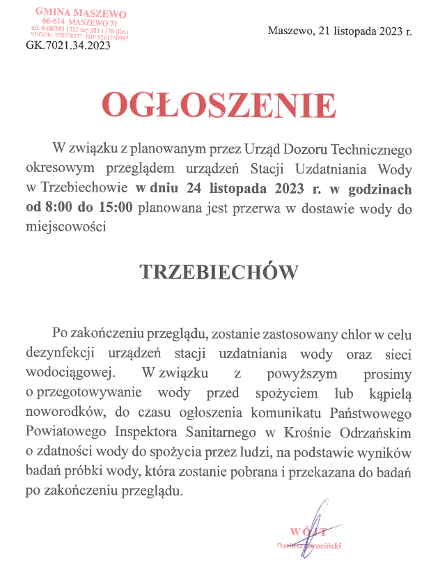 Przerwa w dostawie wody w Trzebiechowie 24.11.2023