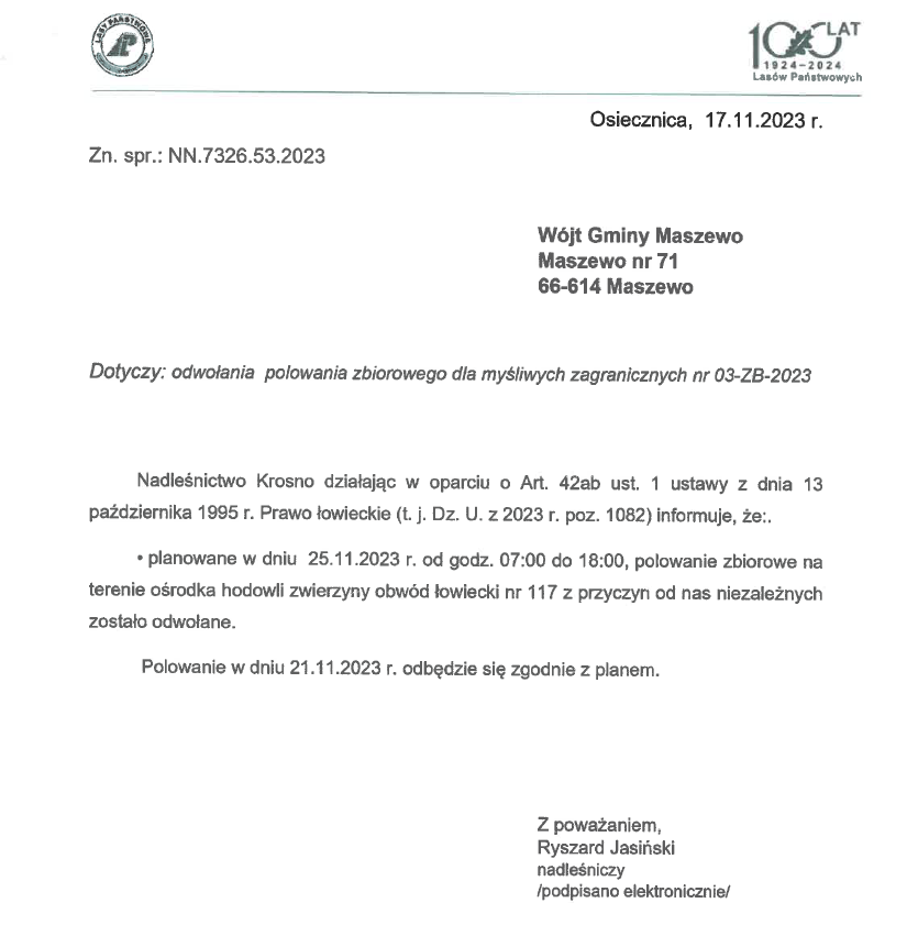 Informacja o odwołaniu polowania zbiorowego w dniu 25.11.2023 Informacja o odwołaniu polowania zbiorowego w dniu 25.11.2023