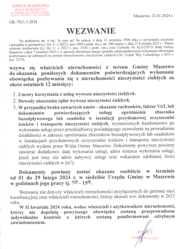 Kontrola dokumentów potwierdzających wykonanie obowiązku pozbywania się z nieruchomości nieczystości ciekłych w 2023 roku Kontrola dokumentów potwierdzających wykonanie obowiązku pozbywania się z nieruchomości nieczystości ciekłych w 2023 roku