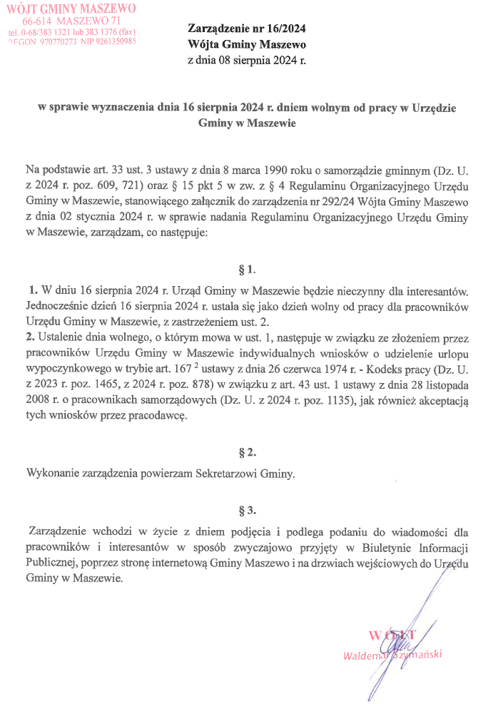 Zarządzenie nr 16_2024 Wójta Gminy Maszewo