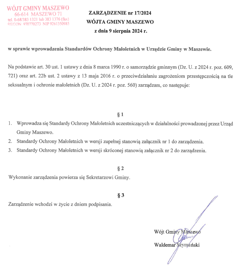 Zarządzenie nr 17_2024 Wójta Gminy Maszewo Zarządzenie nr 17_2024 Wójta Gminy Maszewo